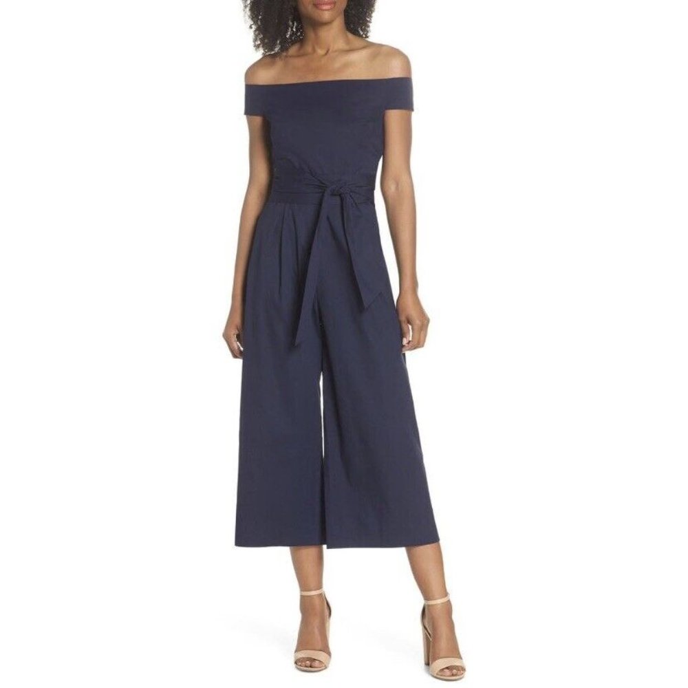 Chelsea28 Off-Shoulder Navy Wide-Leg Jumpsuit with Waist Tie